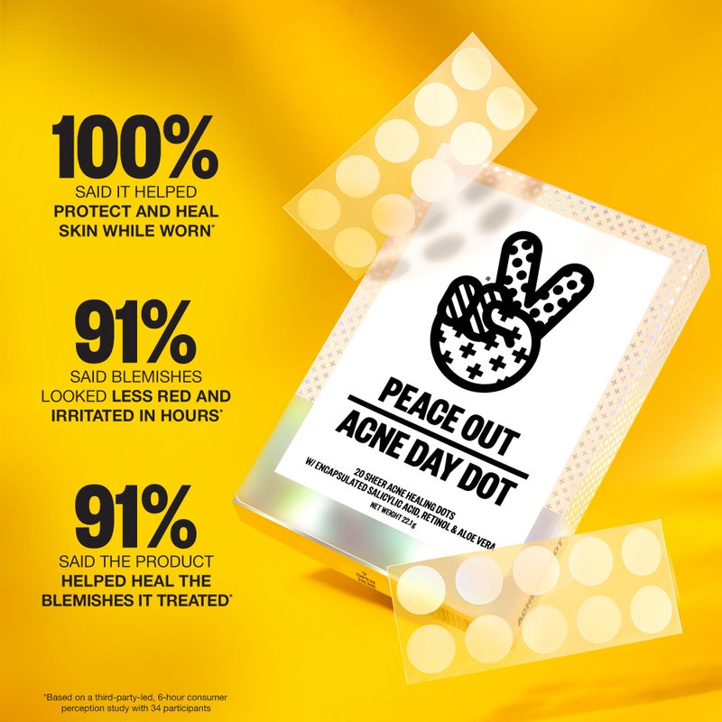 PEACE OUT Acne Day Dot, Sheer Acne Healing Dots, Virtually Invisible Wear, Hydrocolloid Pimple Patches Helps Clear Blemishes Quickly with Encapsulated Salicylic Acid, Retinol & Aloe Vera, 40 dots - Image 3